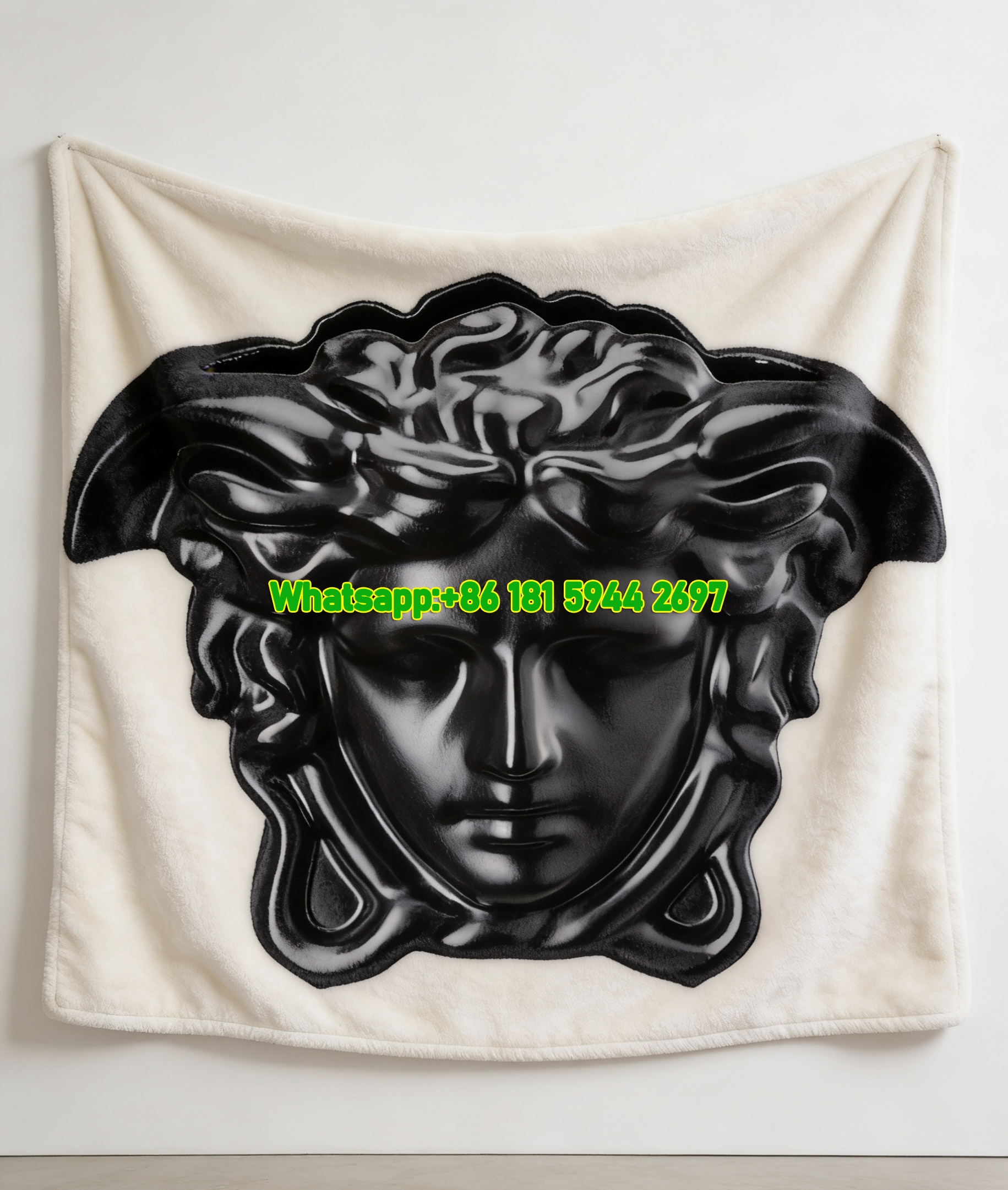 Versace Black 3D Medusa Head Sculpture Print Flannel Sofa Throw Blanket IMG_1309